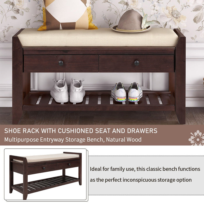 Stephanie Pine Wood Shoe Rack Bench With Cushioned Seat With Storage Drawers - Espresso 