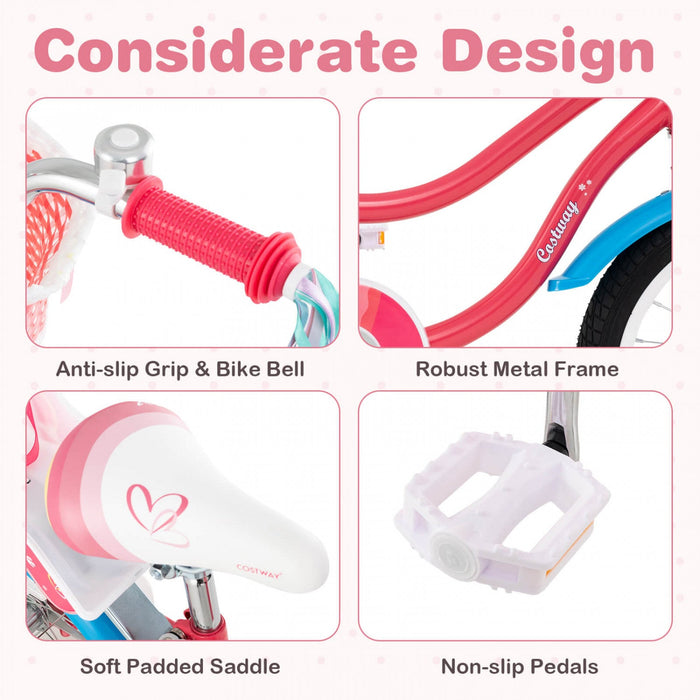 Costway 16" Kids Bike With Basket Doll Seat & Colorful Streamers 2 Training Wheels Pink