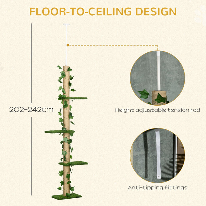Pawhut 4-tier Floor To Ceiling Cat Tree, Height(80-95inches)adjustable, Tall Cat Tower W/ Anti-slip 