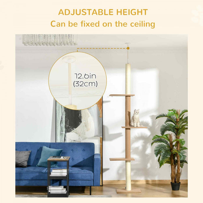 Pawhut 100\" Floor To Ceiling Cat Tree W/ 3 Perches Activity Center For Kittens Cat Tower Furniture, 