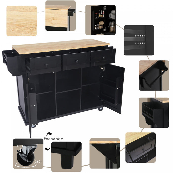 Margery Rubberwood Kitchen Cart With Drop-leaf Countertop And Storage Racks - Black 
