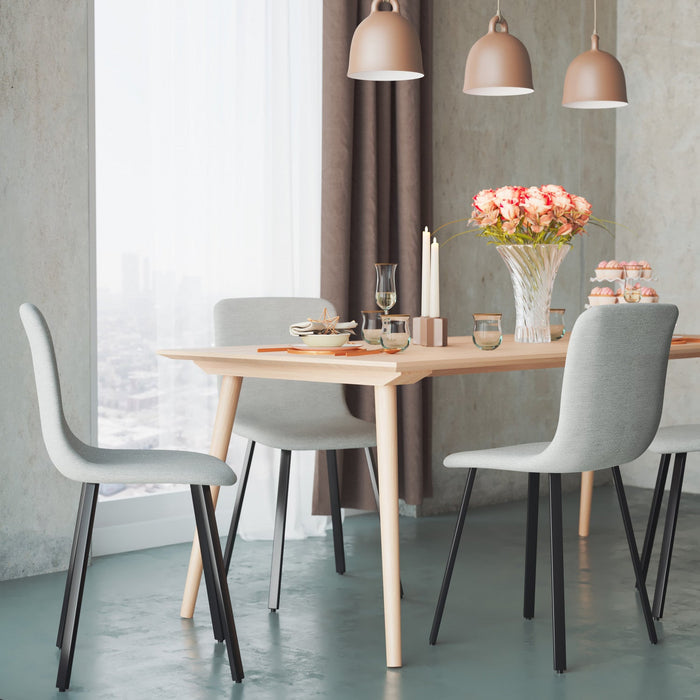 Modern Dining Chair With Light Grey Fabric Upholstery With Black Metal Base 