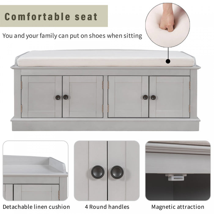 Daniel Solid Wood Storage Bench With 4-door Shoe Cabinet With Adjustable Shelves - Grey Wash 