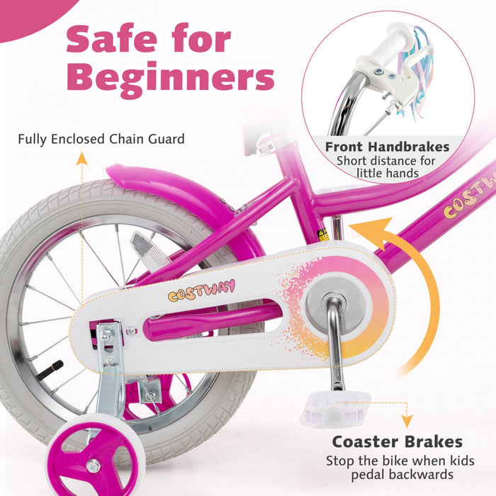 Costway 14" Kids Bike With Training Wheels Doll Seat Basket Streamers Hand Brake Pink
