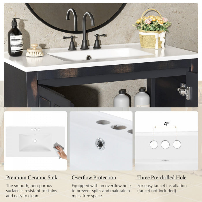 Laura 36\" Solid Wood Bathroom Vanity With Ceramic Sink,espresso Accent Cabinet 