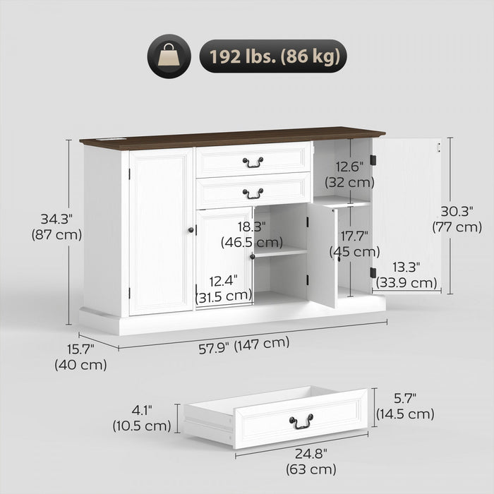 HOMCOM 58" Farmhouse Sideboard Buffet Cabinet with Charging Station White