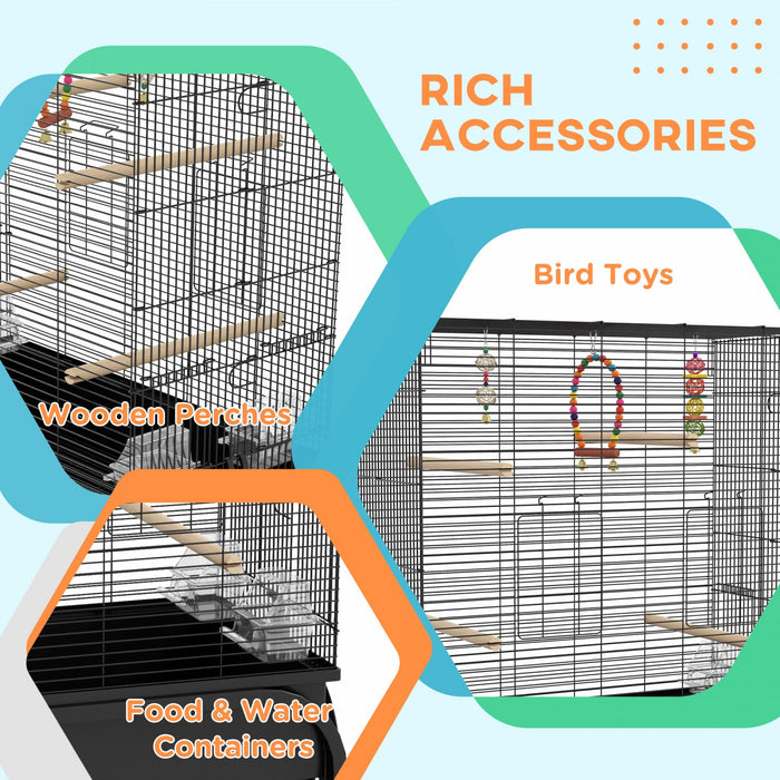 Pawhut 51\" Bird Cage For Budgies Canaries Finches Lovebirds Parakeets With Rolling Stand, Toys, Blac