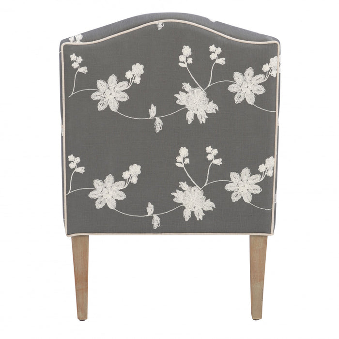 Kenna Embroidered Linen-Look Fabric Floral  Accent Chair - Grey