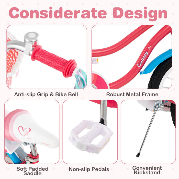 Costway 18" Kids Bike For 4-8 Years Old With Basket Doll Seat & Colorful Streamers Kickstand Pink