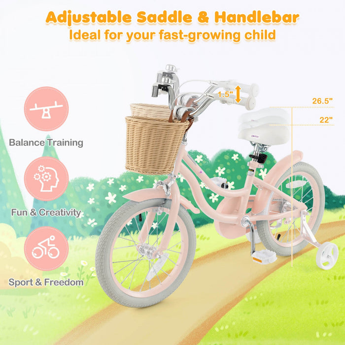 Costway 16" Kid's Bike With Training Wheels Adjustable Handlebar Seat Handbrake Pink