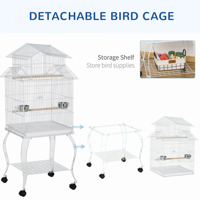Pawhut 53.9'' Large Rolling Steel Bird Cage Bird House With Detachable Rolling Stand, Storage Shelf,