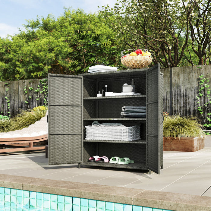 Outsunny Wicker Outdoor Storage Cabinet, 4-shelf Pool Storage, Dark Grey