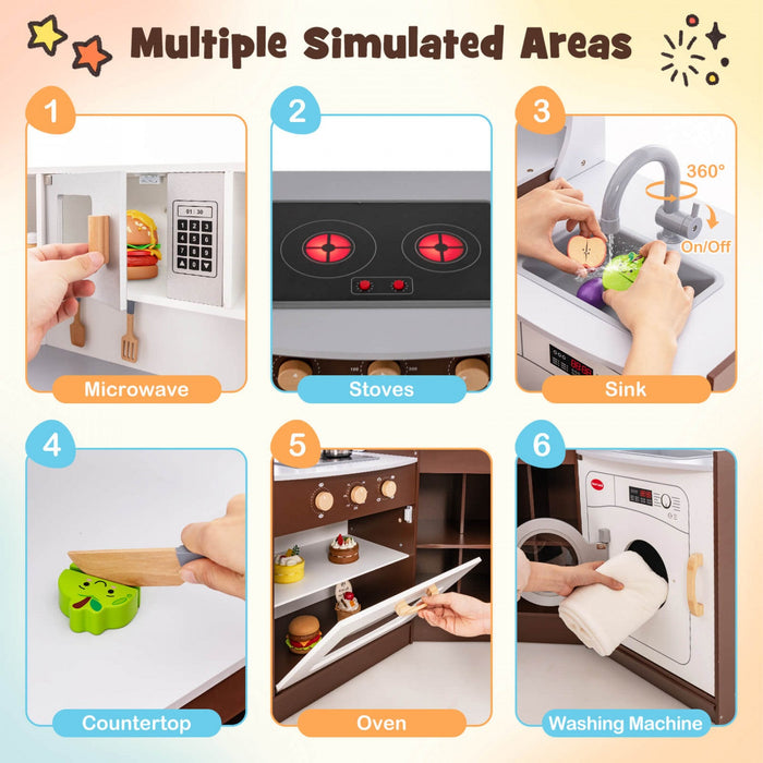 Costway Corner Play Kitchen With Ice Maker Microwave Oven For Kids 3+ Years Old Wooden Toy