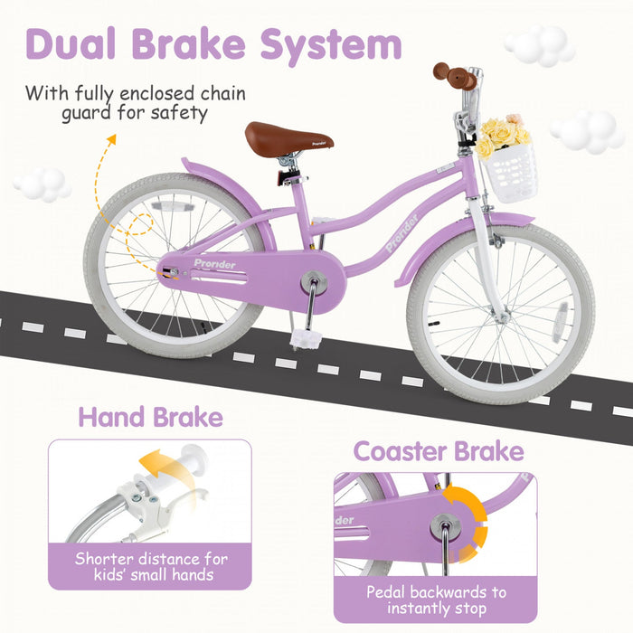 Prorider 20" Kids Bike With Height Adjustable Handlebar & Seat Hand Brake & Coaster Brake Purple