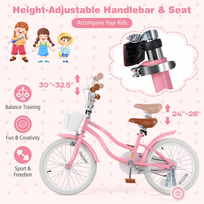 Costway 18" Kids Bike Toddler Bicycle Withtraining Wheel Kickstand For 4-8 Years Old Girl Red