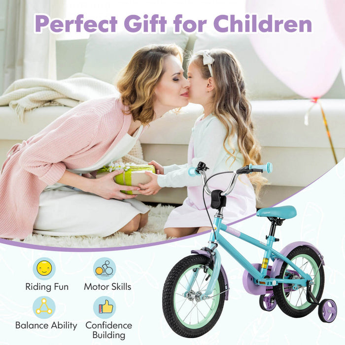 Costway 14" Kids Bike With Adjustable Saddle Handlebar Removable Training Wheels Handbrake Blue