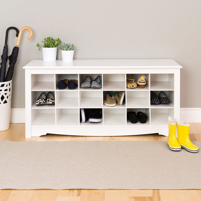 Eighteen Pair Shoe Storage Cubby Bench - White