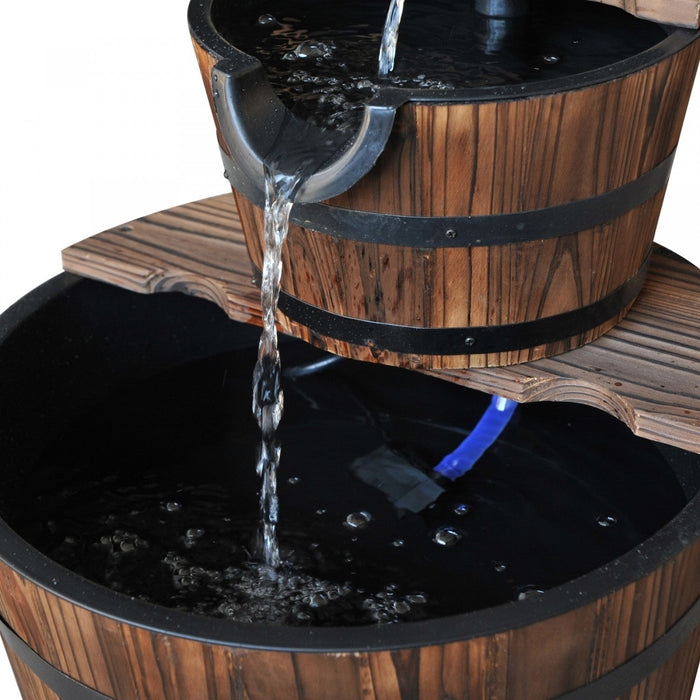 Outsunny 2-tier Wooden Barrel Water Fountain With Electric Pump, 23\" Tall Cascading Feature Outdoor 