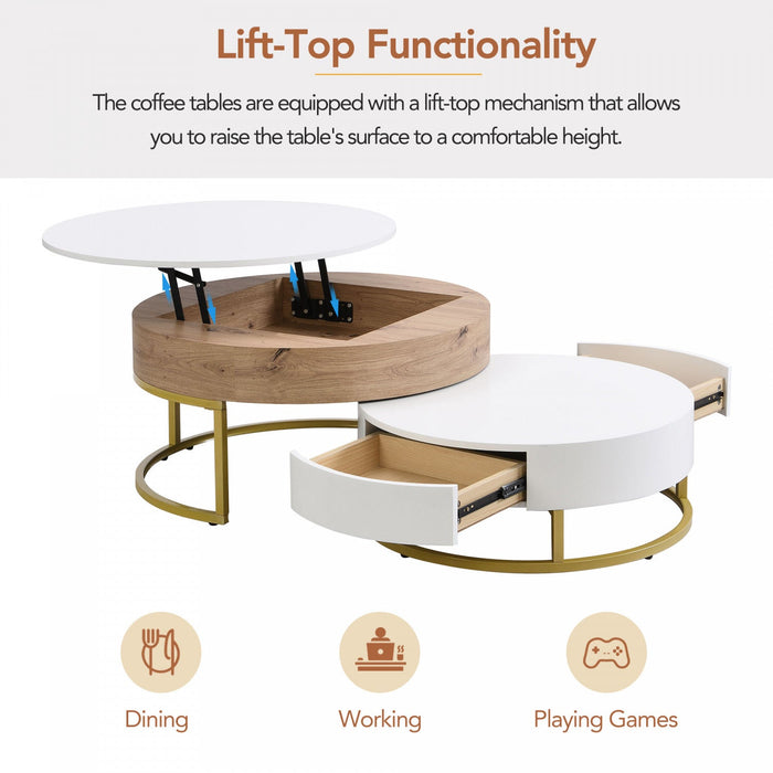 Sherry 31.5\" Round Engineered Wood Lift-top Nesting Coffee Table With Drawers - White 