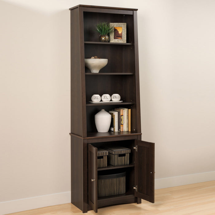 Tall Slant-Back Bookcase with Two Shaker Doors - Espresso