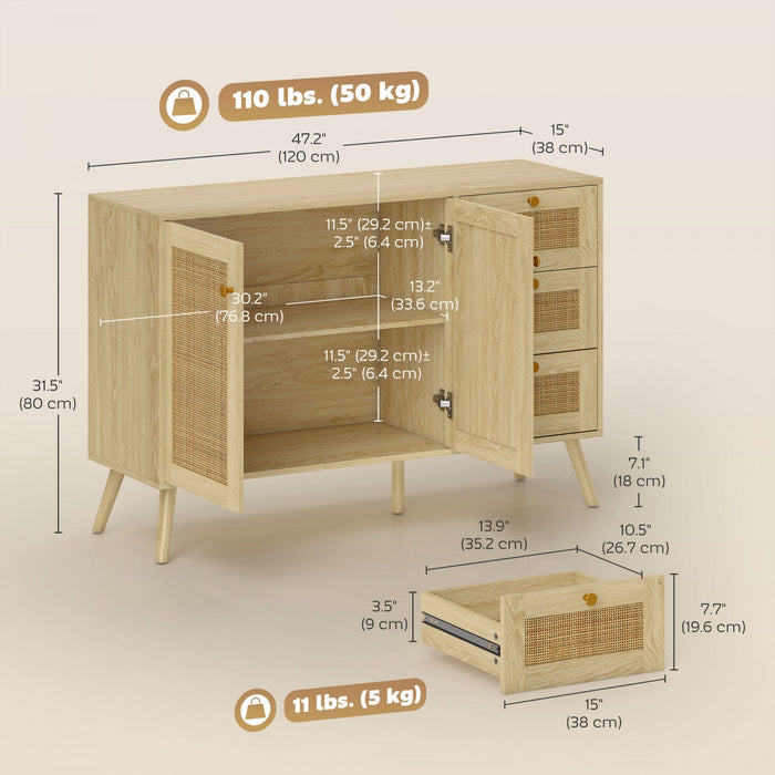 HOMCOM 47" Rattan Sideboard Buffet Cabinet with Soft-Close Doors, Natural