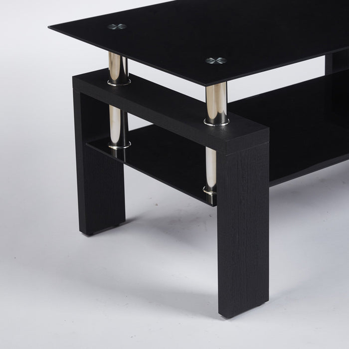 Lucius Modern Geometric Design Tempered Glass Coffee Tablewith Metal Frame and Clear Glass,Black  