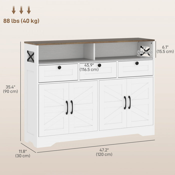 HOMCOM Sideboard, Buffet Cabinet with 4 Barn Doors and 3 Drawers White