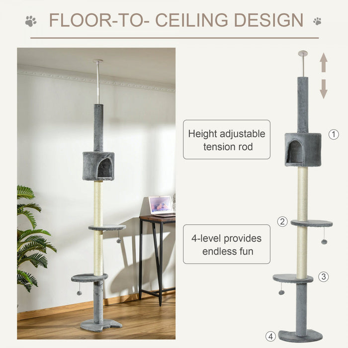 Pawhut 4-tier Floor To Ceiling Cat Tree, Tall Cat Tower With Scratching Post, Plush Padding, Toy Bal