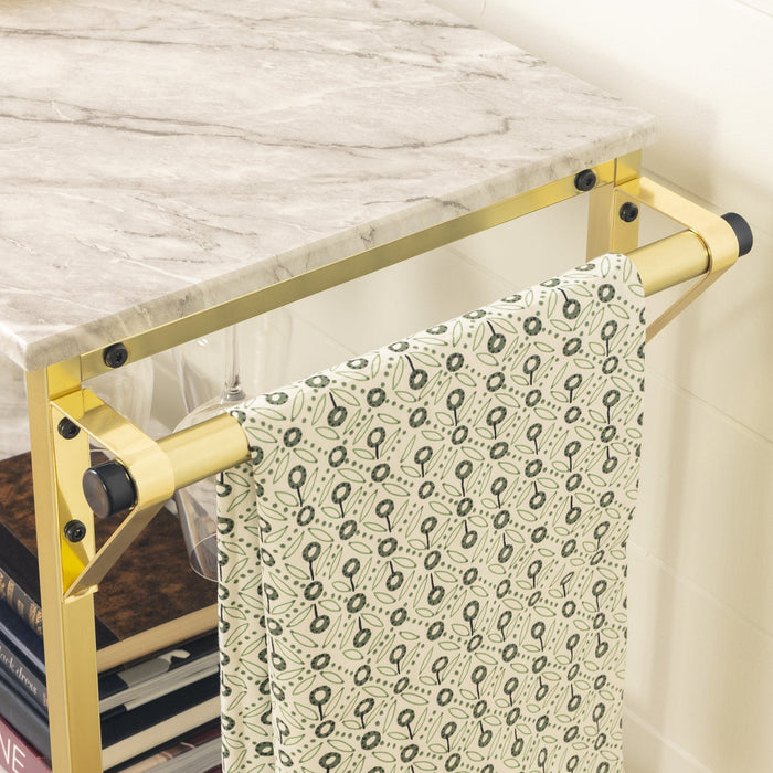 Maliza Bar Cart With Wine Bottle Storage And Wine Glass Rack - Faux Carrara Marble And Gold 