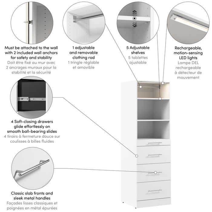 Bestar Florence 25\" Modular Reach-In/Walk-In Closet System Tower with LED Light, Shelves and 4 Drawe