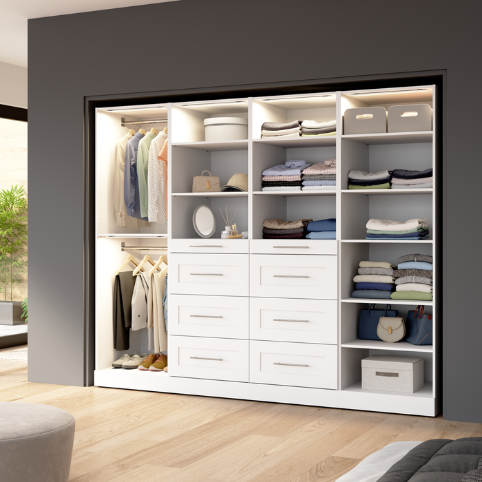 Bestar Florence 100\" Modular Reach-In/Walk-In Closet System with LED Lights, Rods, Shelves and Drawe