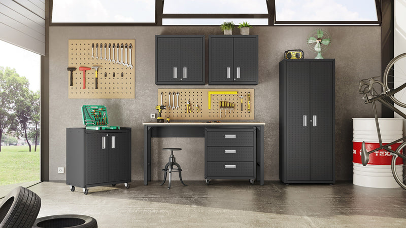 Manhattan Comfort Fortress 72.4\" Natural Wood & Steel Garage Table - Charcoal Grey