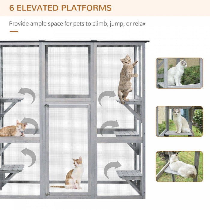 Pawhut Large Outdoor Catio Enclosure, Weatherproof Cat House With Asphalt Roof, Wooden Cat Patio Cag