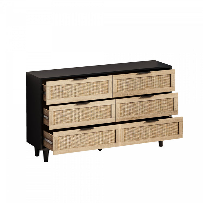51.18\" Mila Modern 6 Drawer Rattan Storage Cabinet with Engineered Wood Frame - Black 