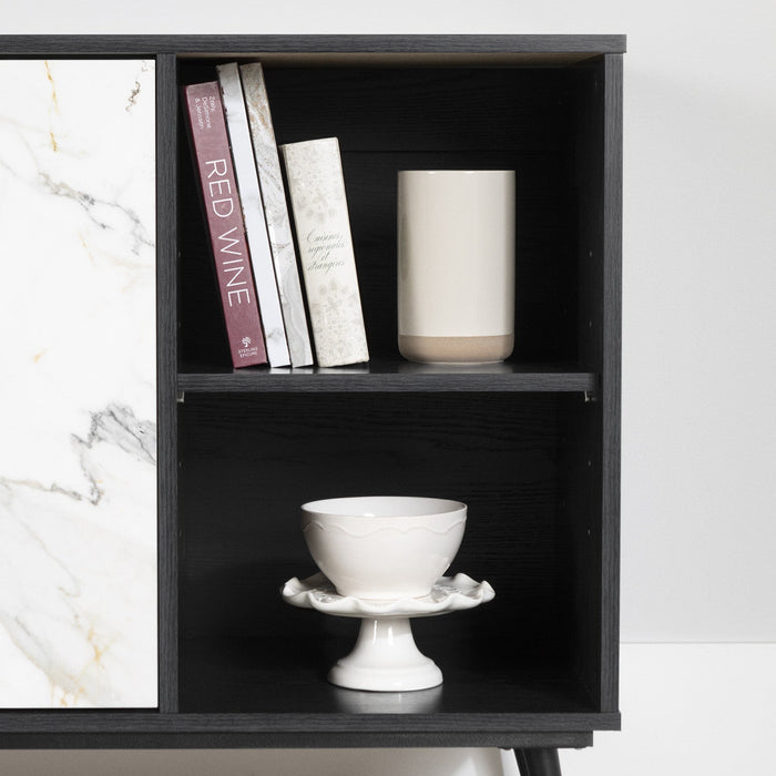 Mezzy 2-door Sideboard With Open Storage - Black Oak And Faux White Marble 