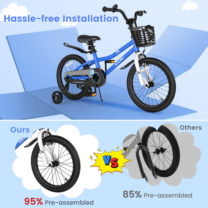 Costway 18" Kid's Bike With Removable Training Wheels & Basket For 4-8 Years Old Blue