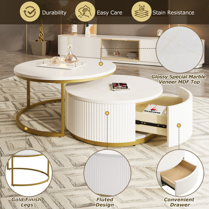 Sophia 27.6\" Modern Nesting Coffee Table With Storage Drawer - White 