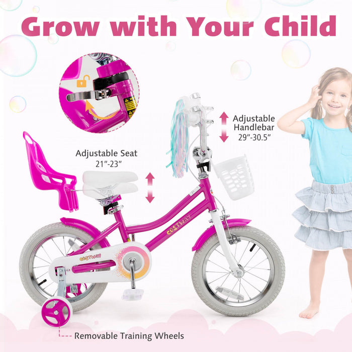Costway 14" Kids Bike With Training Wheels Doll Seat Basket Streamers Hand Brake Pink
