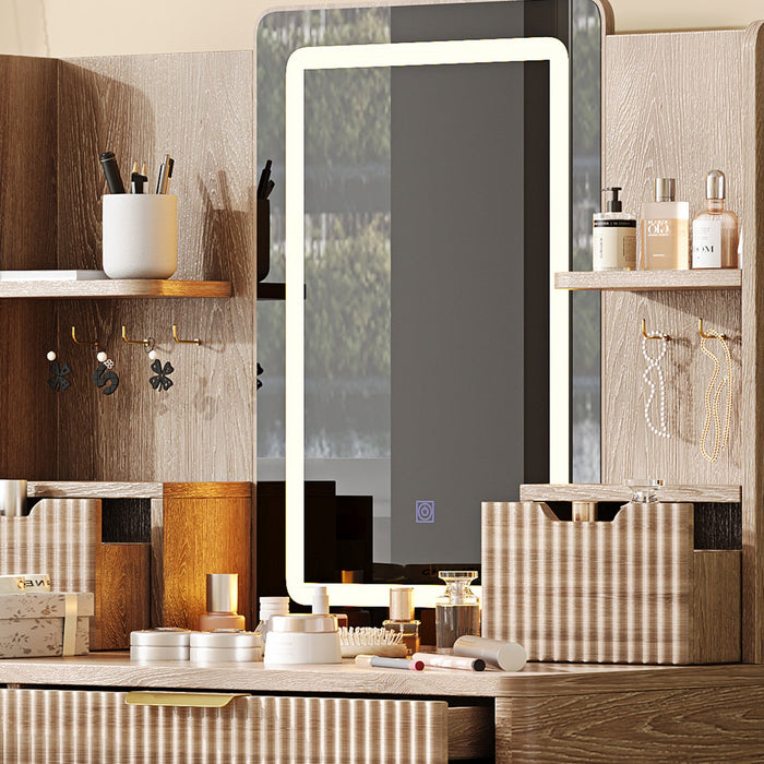 Victoria 7-Drawer Vanity Table Set with LED Mirror and Metal Legs,Yellow Brown Mirror Cabinet  