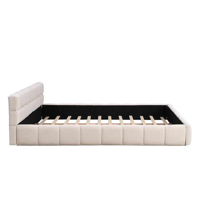 Eleanor Elegant Chenille Upholstered Bed with Checkerboard Design,King Size,Beige King Bed  