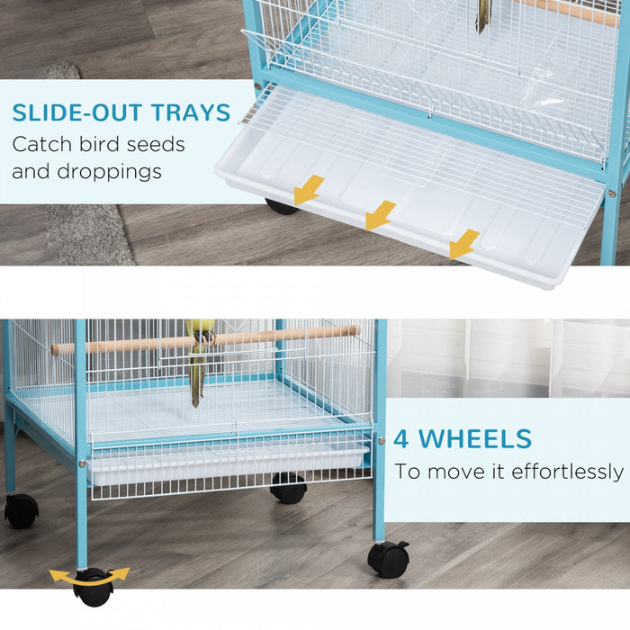 Pawhut 55.1\" 2 In 1 Bird Cage Aviary Parakeet House For Finches, Budgies With Wheels, Slide-out Tray