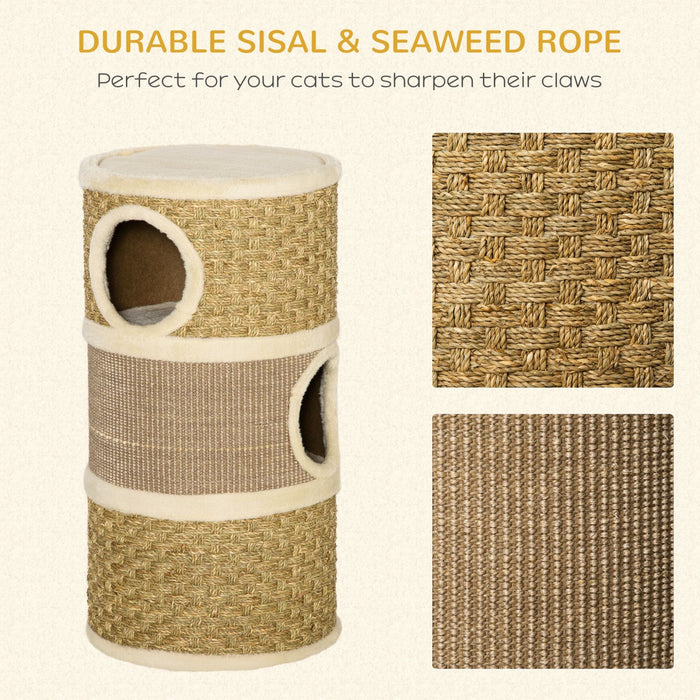 Pawhut Cat Condo 3 Story Three Holes With Sisal Seaweed Scratching Cover Surface, Cat Tower For Indo