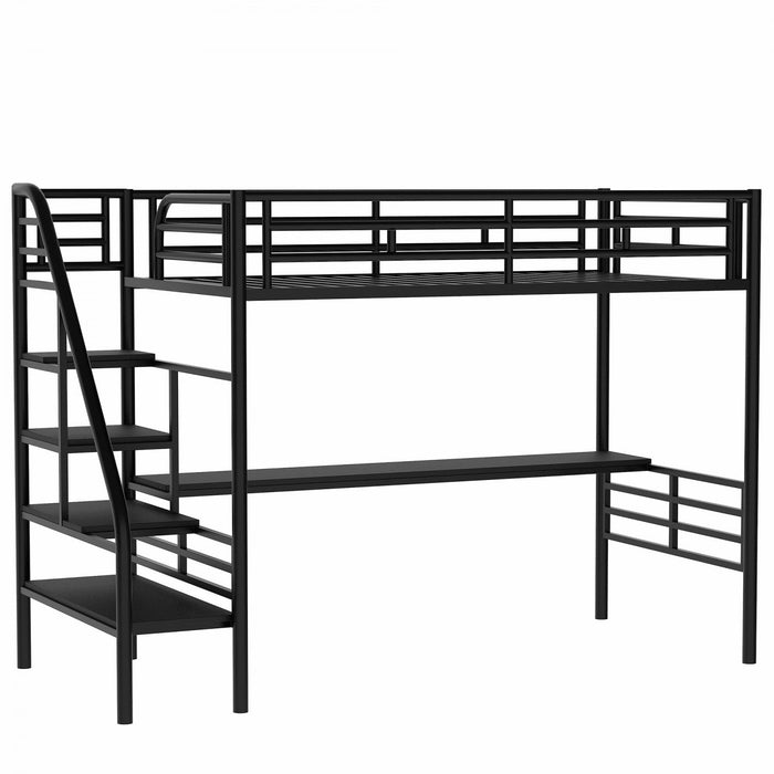 Cherry Twin Loft Space-saving Metal Bed With Desk, Led Light - Black 