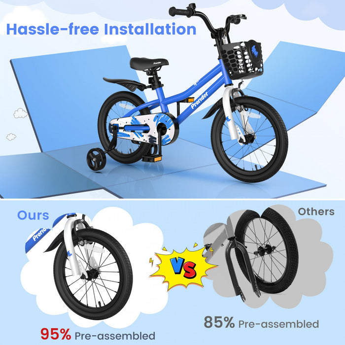 Costway 16" Kid's Bike With Removable Training Wheels & Basket For 4-7 Years Old Blue