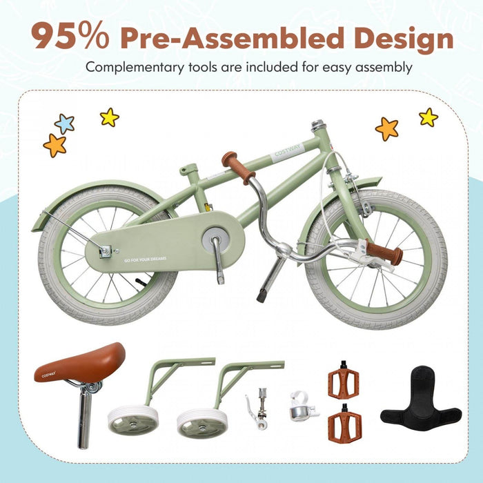 Costway 12" Kids Bike With Adjustable Saddle Handlebar Removable Training Wheels Handbrake Green