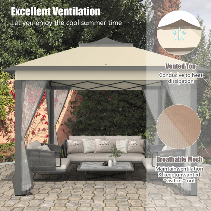 Costway 11'x11' 2-tier Pop-up Gazebo Tent Portable Canopy Shelter Carry Bag Mesh Brown