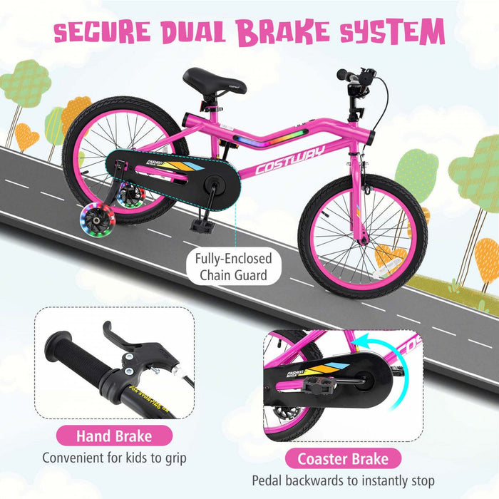 Costway 18" Led Lighted Kids Bike With Adjustable Seat Coaster Brake Training Wheels Pink