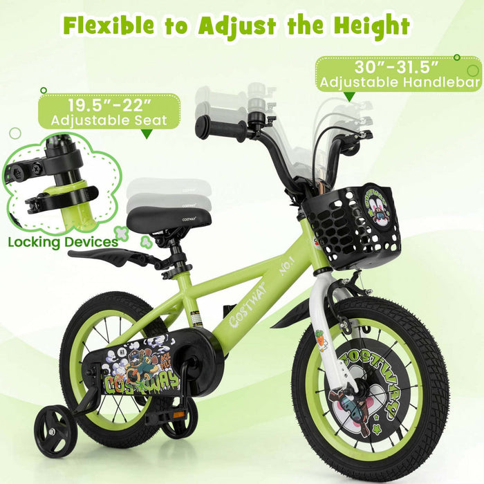 Costway 14" Kid's Bike For 3-5 With Height-adjustable Handlebar & Saddle Handbrake Green