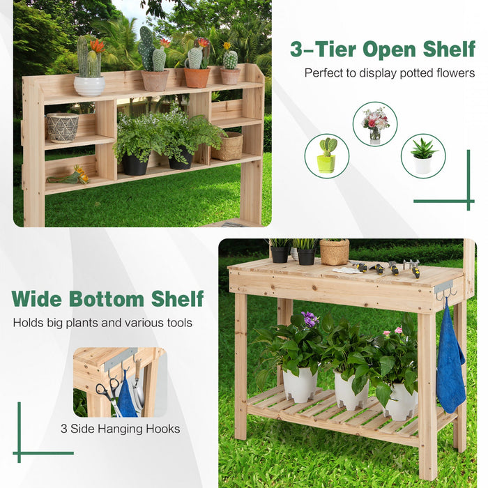 Costway Potting Bench Table Wooden Garden Work Bench Platform With Display Rack Hidden Sink