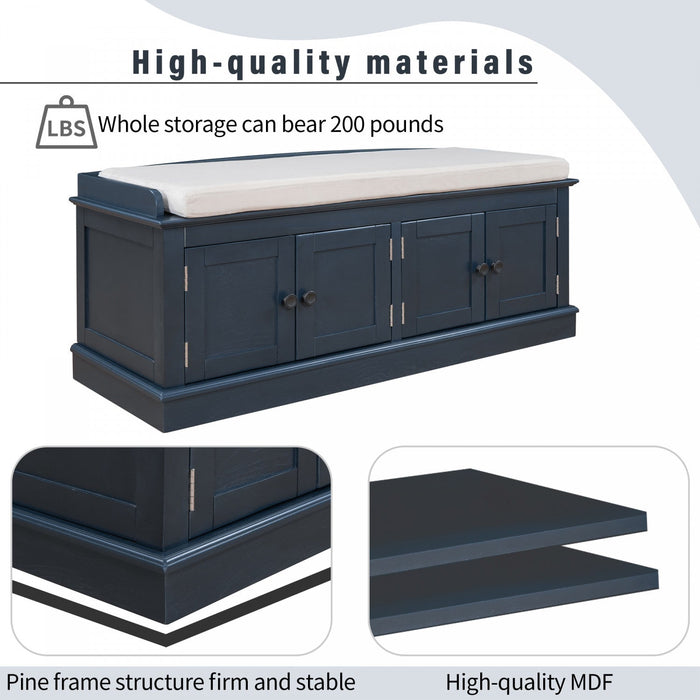 Daniel Solid Wood Storage Bench With 4-door Shoe Cabinet With Adjustable Shelves - Antique Navy 